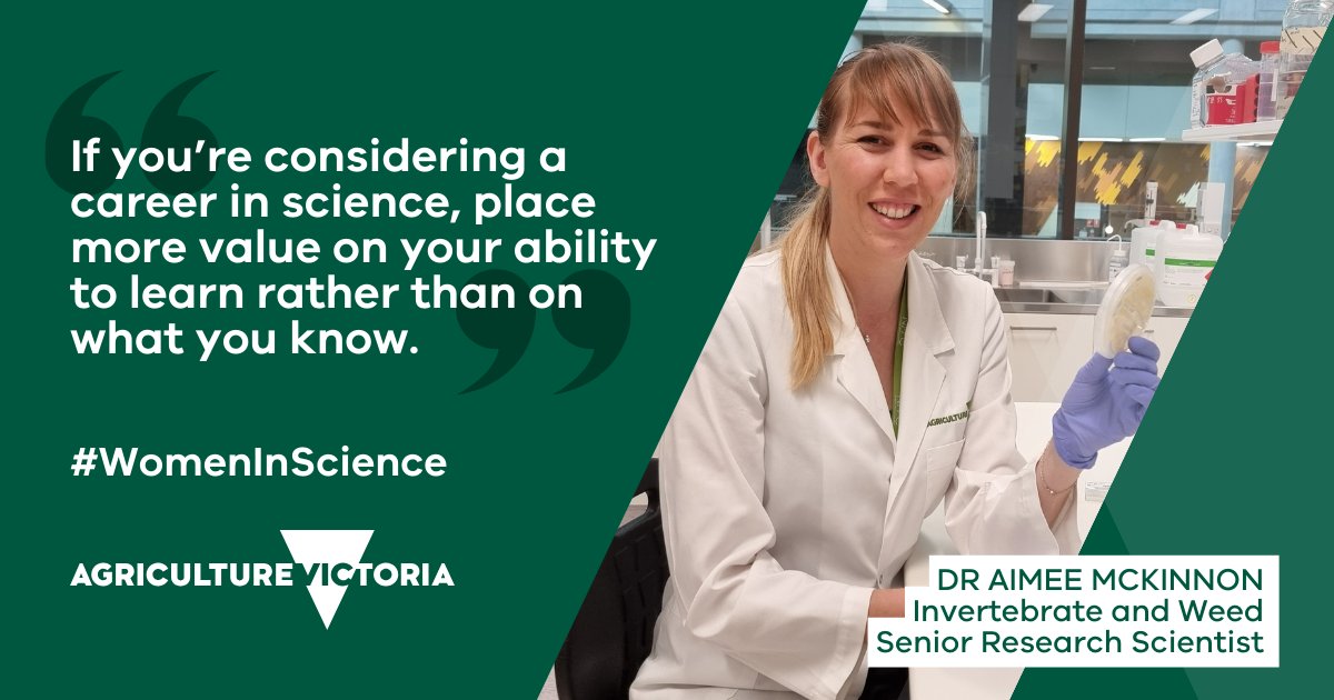 VicGovAg's tweet image. Meet Dr Aimee McKinnon. She thinks it’s impossible to be bored in research and learning is never-ending. Aimee leads research on biological pest management solutions at AgriBio #Bundoora @UN @WomenScienceDay 
#WomenLeadership #ScienceSociety #biopesticide womeninscienceday.org