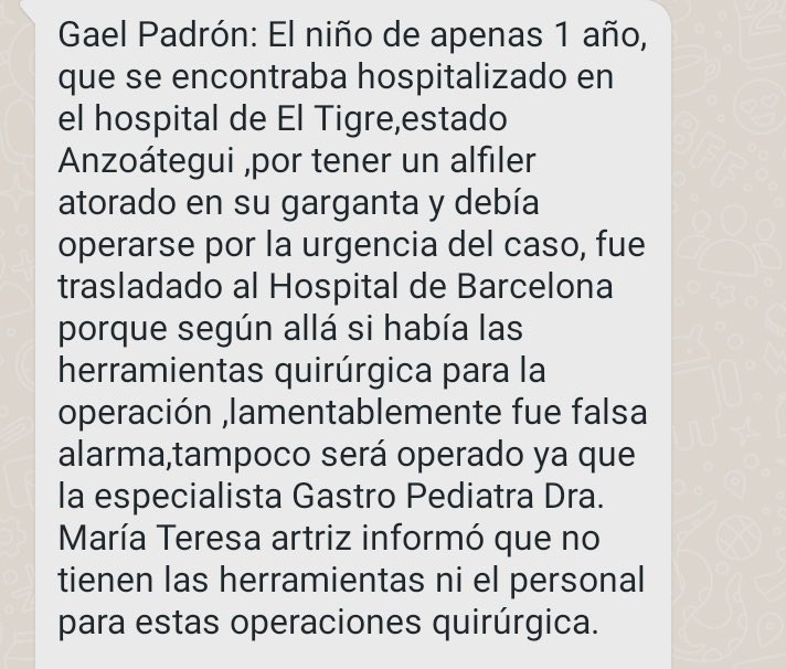 Mamba Negra (@4f_mamba) on Twitter photo Me dicen que este niño de un año con un alfiler atorado en la garganta no es atendido en un hospital de El Tigre estado Anzoátegui.
Señor gobernador <a href="/luismarcanos/">Luis Marcano</a> atender este caso. Número de contacto de los familiares 04248248553 Me dicen que este niño de un año con un alfiler atorado en la garganta no es atendido en un hospital de El Tigre estado Anzoátegui.
Señor gobernador <a href="/luismarcanos/">Luis Marcano</a> atender este caso. Número de contacto de los familiares 04248248553
