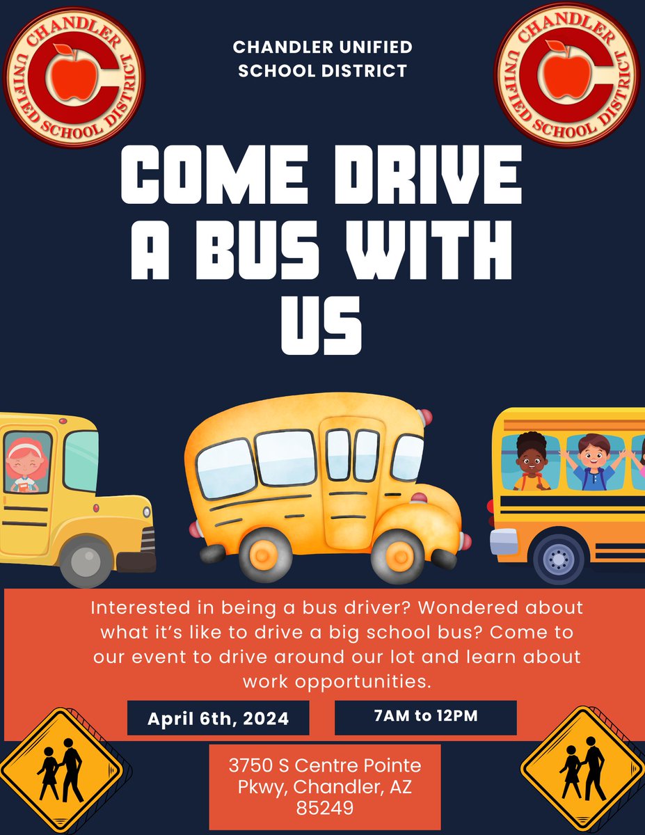 Interested in being a bus driver with CUSD? Come to our 'Come Drive A Bus With Us' event to drive around our lot! CUSD Transportation Yard 3750 S. Centre Pointe Pkwy, Chandler, AZ, 85249 April 6, 2024 7 a.m. - Noon cusd80.com/apply #WeAreChandlerUnified #NowHiring @CUSDHR