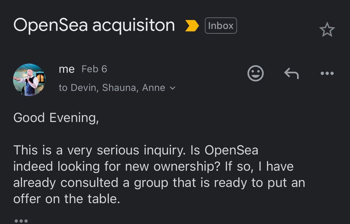 St. KC Montero | Founder | Saints | CHUMPZ 🦍 (@kcmontero) on Twitter photo Dear <a href="/opensea/">OpenSea</a> <a href="/dfinzer/">dfinzer.eth | opensea</a>
We’re delighted to announce our official interest in the of acquisition OpenSea. We believe in the potential for mutual growth and collaboration. We would love to open the lines of communication and see if there is any possible partnership. My email is Dear <a href="/opensea/">OpenSea</a> <a href="/dfinzer/">dfinzer.eth | opensea</a>
We’re delighted to announce our official interest in the of acquisition OpenSea. We believe in the potential for mutual growth and collaboration. We would love to open the lines of communication and see if there is any possible partnership. My email is