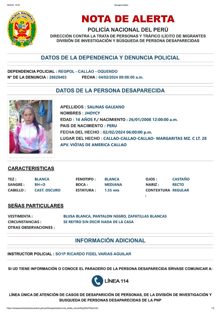 AwqaFeminista's tweet photo. #ALERTA adolescente apurimeña desaparecida en el Callao

Estamos buscando a Jhoycy (16 años), la última vez que la vio su familia fue hace 8 días, el 02 de febrero a las 6pm. Vestía blusa blanca, pantalón negro y zapatillas blancas. Cualquier información contactar URGENTE al 114. https://t.co/bsOS1zsrqc