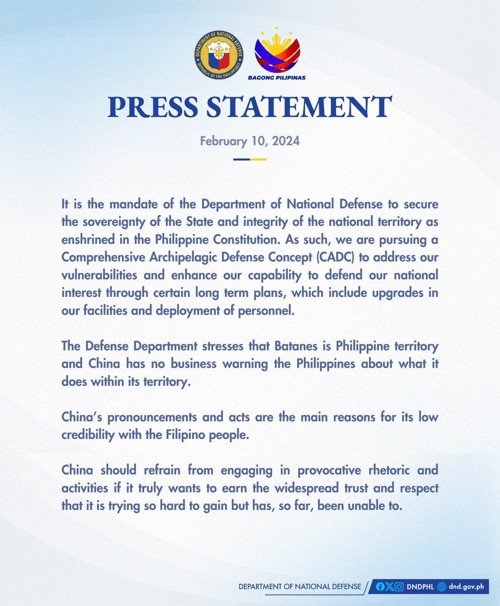 READ | Press Statement of the Department of National Defense (February 10, 2024)