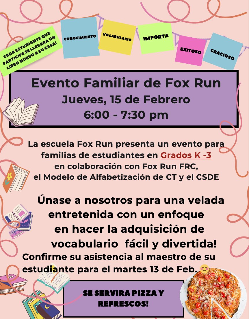 📚🏫🦊Fox Run Family Night for Grades K-3, Thursday 2/15/24 6-7:30 PM📚🏫🦊