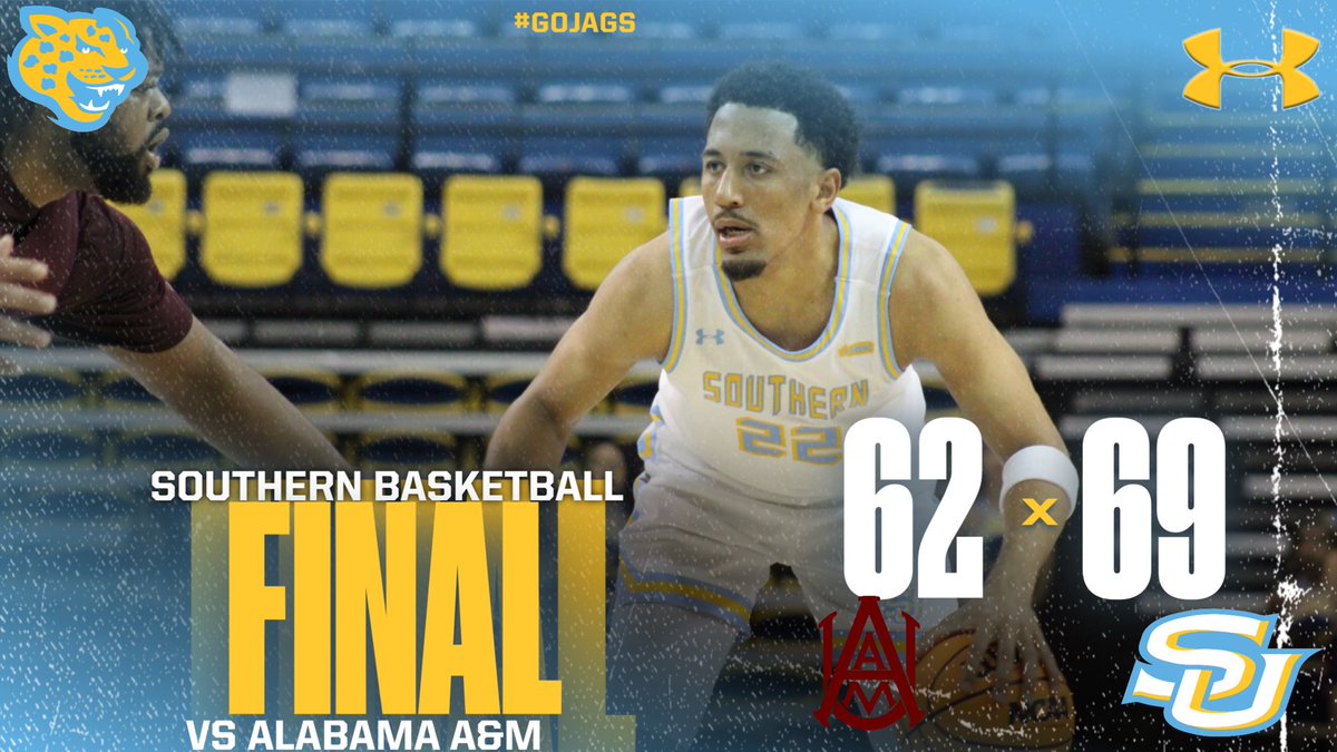 Final from the F.G. Clark Activity Center!!! Southern - 6️⃣9️⃣ Alabama A&M - 6️⃣2️⃣ Jags Win Their 5th Straight 🐆 Southern will be back in action on Monday Feb. 12 as they host Alabama State for Lundi Gras action starting at 5:30 pm #GoJags | #SouthernIsTheStandard | #ProwlOn