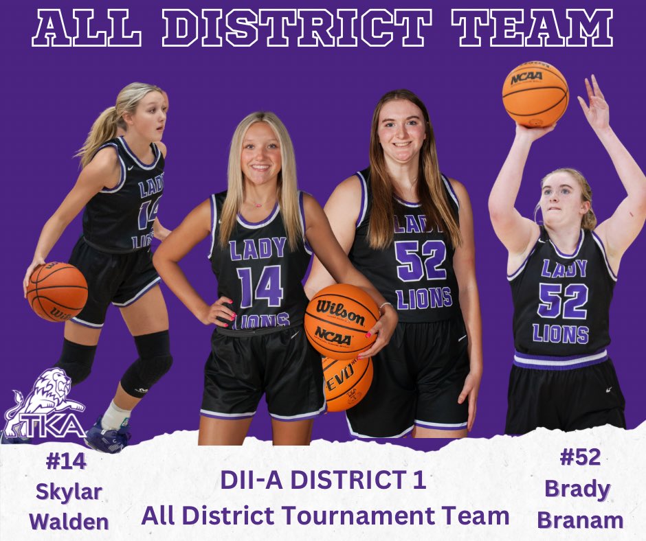 TKALadyLionsWBB's tweet photo. Congratulations to 2025 @Brady_Branam and 2027 @SkylarWalden14 for being awarded TSSAA D-II A District 1 All Tournament Team!! 
#LadyLionsFamily https://t.co/JdiYJjQ7L6