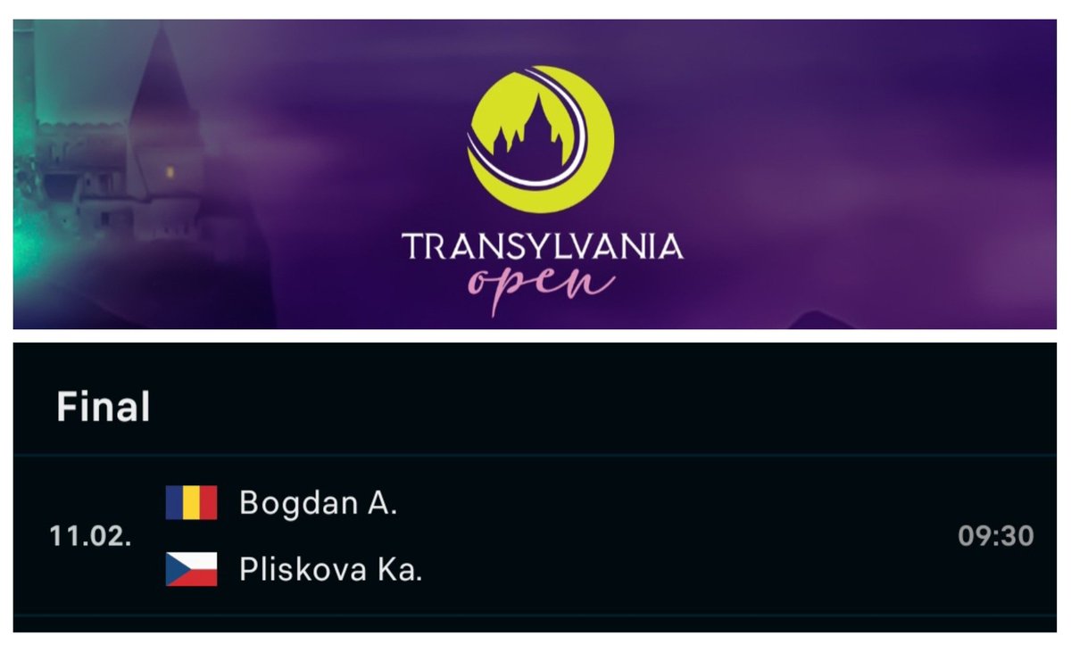 #ThisIsTennis 🎾
#TransylvaniaOpen #WTA 
Final
#Bogdan 🇷🇴 vs #KarolinaPliskova 🇨🇿
Domingo 11 febrero
Hora de CRC