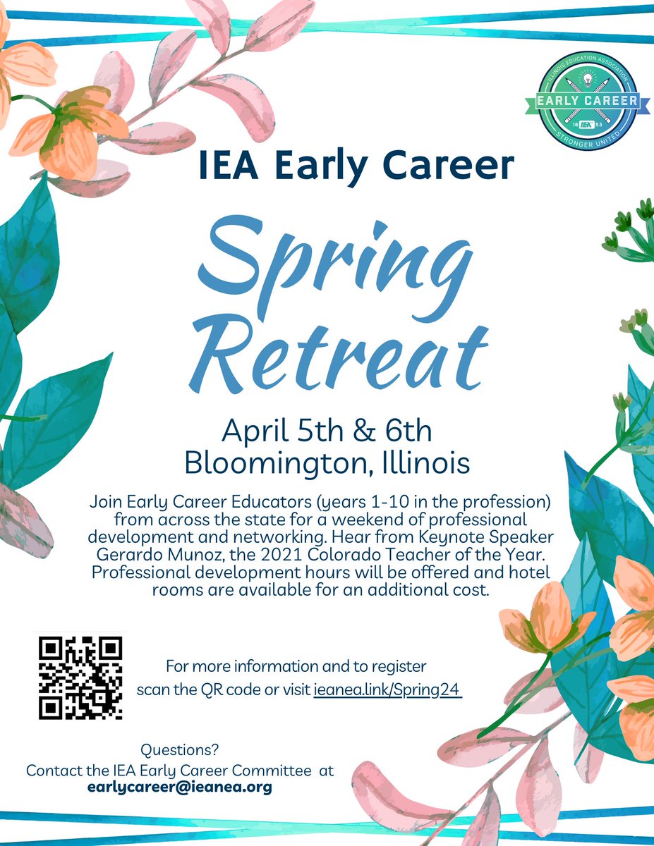 If you are in your first 10 years as an educator, this event is for you! Attend IEA Early Career’s Spring Retreat on April 5-6 for social networking, professional development (earn PD hours!) and fantastic keynote speakers. See you in Bloomington! ieanea.link/Spring24 🌻🌷