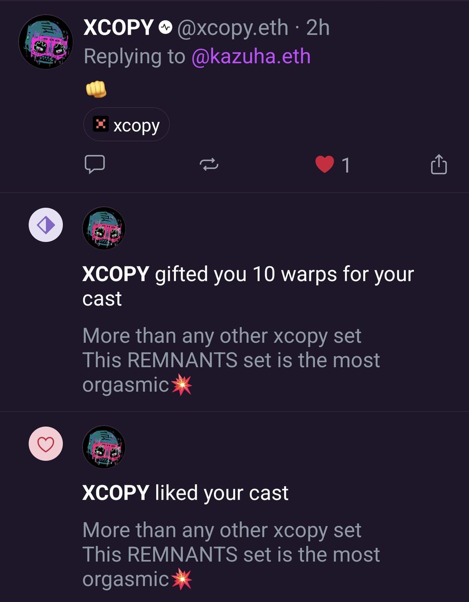 rainwelcome2's tweet image. I'm really into Warpcast.
He loves Warpcast too.💥🤛
@XCOPYART
#Remnants