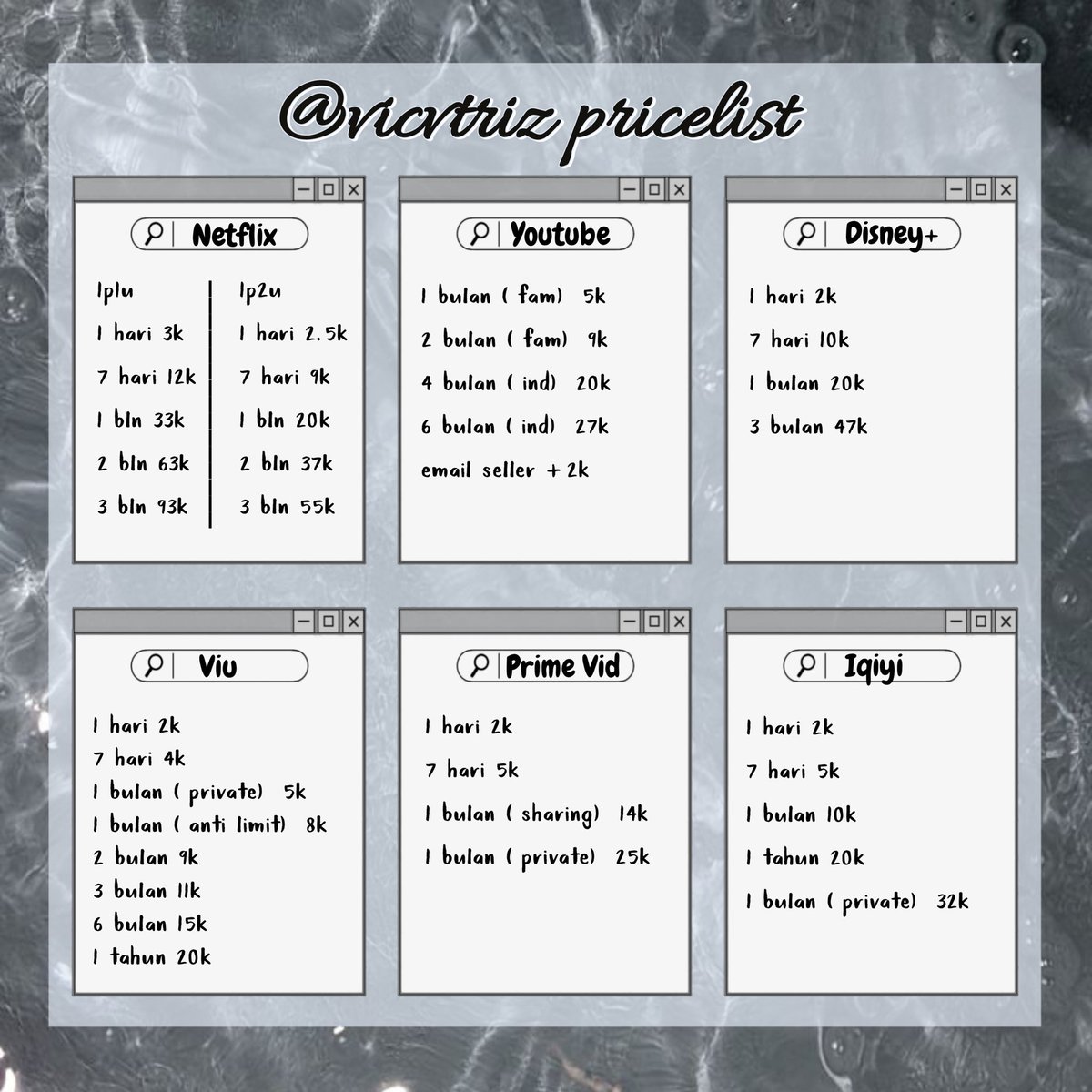 IntfinityStore's tweet image. 💫 viz pricelist special sunday 💫

netflix 1p1u 1 bulan only 31k
netflix 1p2u 1 bulan only 18k
youtube inplan 4 bulan only 18k
canva 1 tahun only 14k
amazon prime video 1 bulan only 12k

dm or whatsapp ke bit.ly/viz-whatsapp 🏃🏻‍♀️
testi bit.ly/viz-testi 🫶