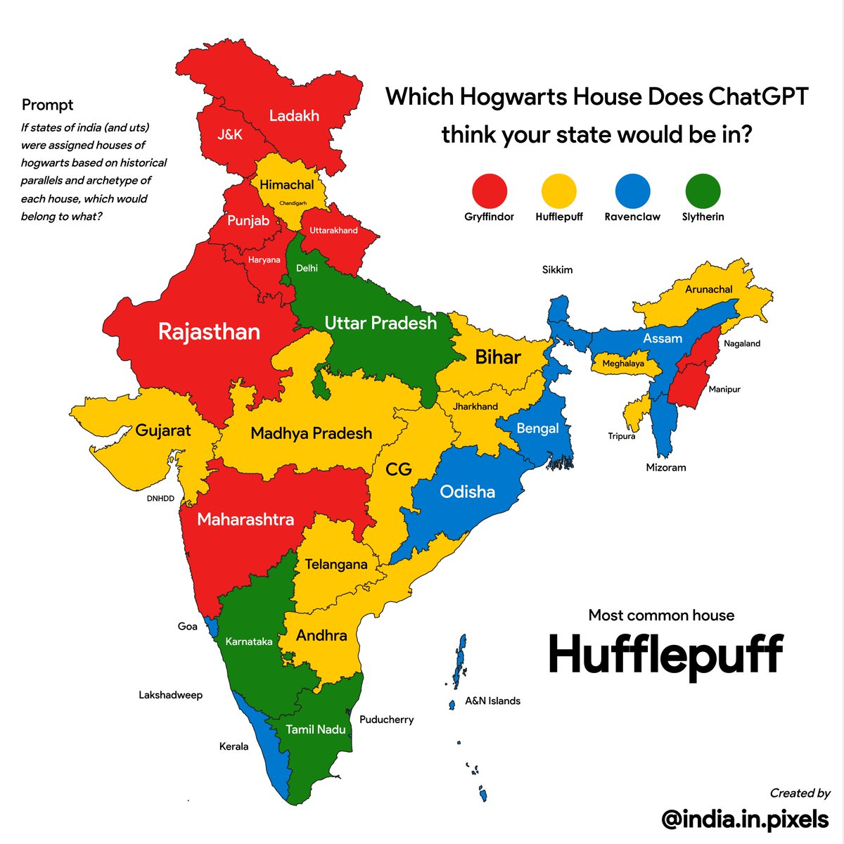 indiainpixels's tweet image. We asked ChatGPT which Hogwarts house would each state belong to based on historical parallels and archetypes of each house