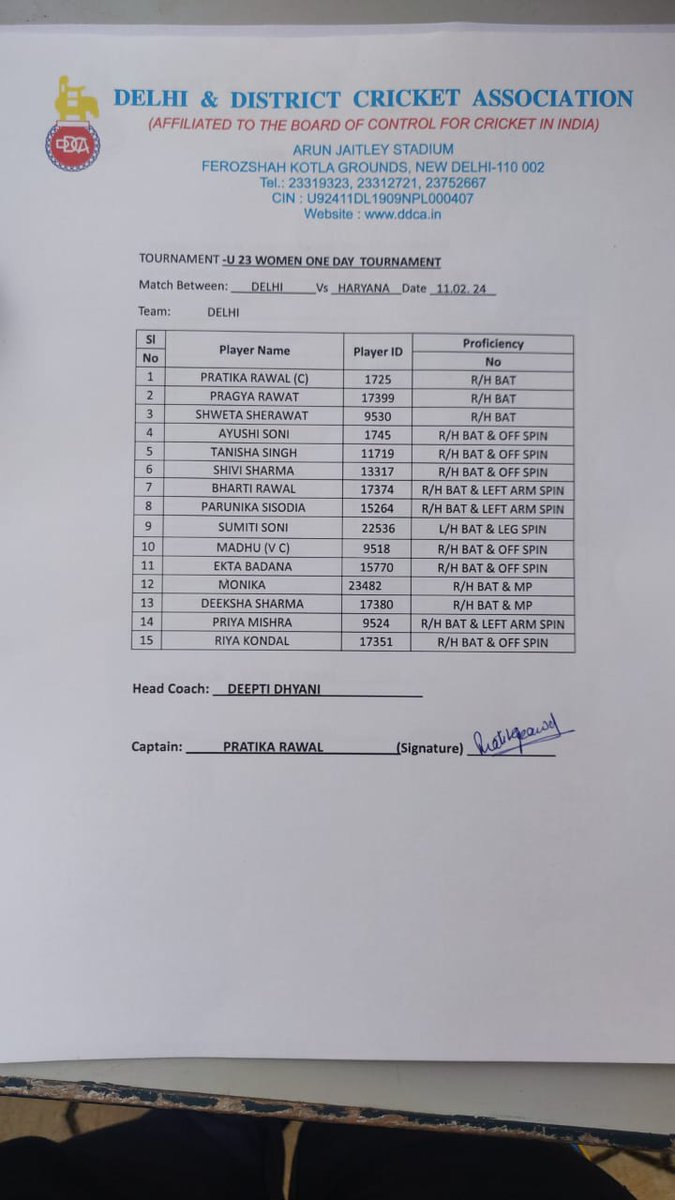 Exciting match ahead! Delhi's under 23 women's team faces off against Haryana in the pre-quarter final of the one-day trophy. Haryana won the toss and chose to bowl first. Best of luck to our Delhi girls, shine bright! 🏏💪 #Cricket #U23Trophy #DelhiVsHaryana