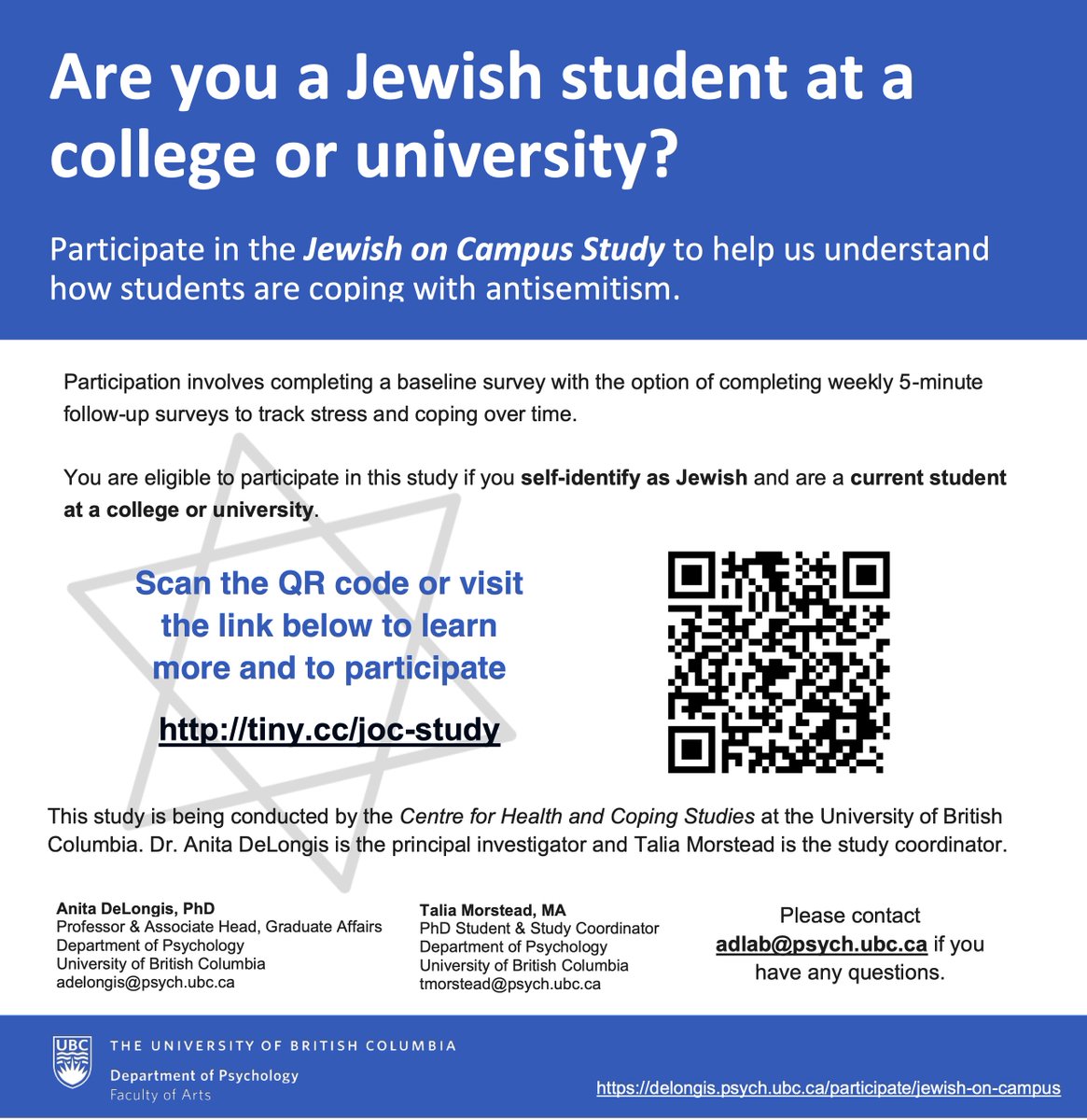 Howard Lovy (@howard_lovy) on Twitter photo There's a new study on how Jewish post-secondary students are coping after October 7 and the rise in antisemitism on campuses. It's being conducted by <a href="/Anita_DeLongis/">Anita DeLongis</a> and <a href="/TaliaMorstead/">Talia Morstead</a> at <a href="/DeLongis_Lab/">Centre for Health and Coping Studies</a>. I'd encourage Jewish students to participate. delongis.psych.ubc.ca/participate/je… There's a new study on how Jewish post-secondary students are coping after October 7 and the rise in antisemitism on campuses. It's being conducted by <a href="/Anita_DeLongis/">Anita DeLongis</a> and <a href="/TaliaMorstead/">Talia Morstead</a> at <a href="/DeLongis_Lab/">Centre for Health and Coping Studies</a>. I'd encourage Jewish students to participate. delongis.psych.ubc.ca/participate/je…