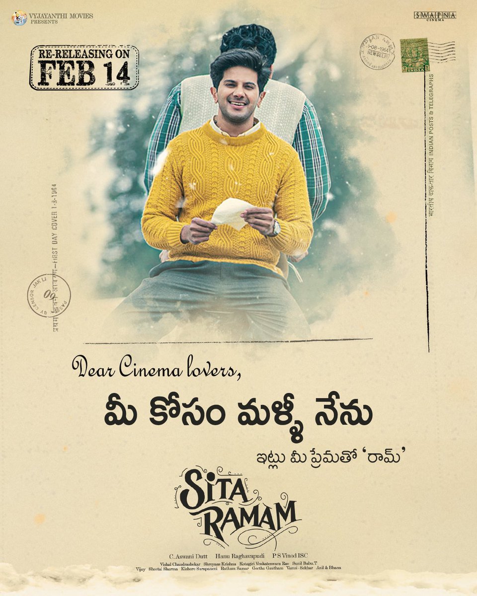 This Valentines Day, we are revisiting you all, for the love of cinema & for the love of love. #SitaRamam re-releasing this FEB 14 💞 @dulQuer @mrunal0801 @iamRashmika @iSumanth @hanurpudi @Composer_Vishal @AshwiniDuttCh @VyjayanthiFilms @SwapnaCinema @SonyMusicSouth