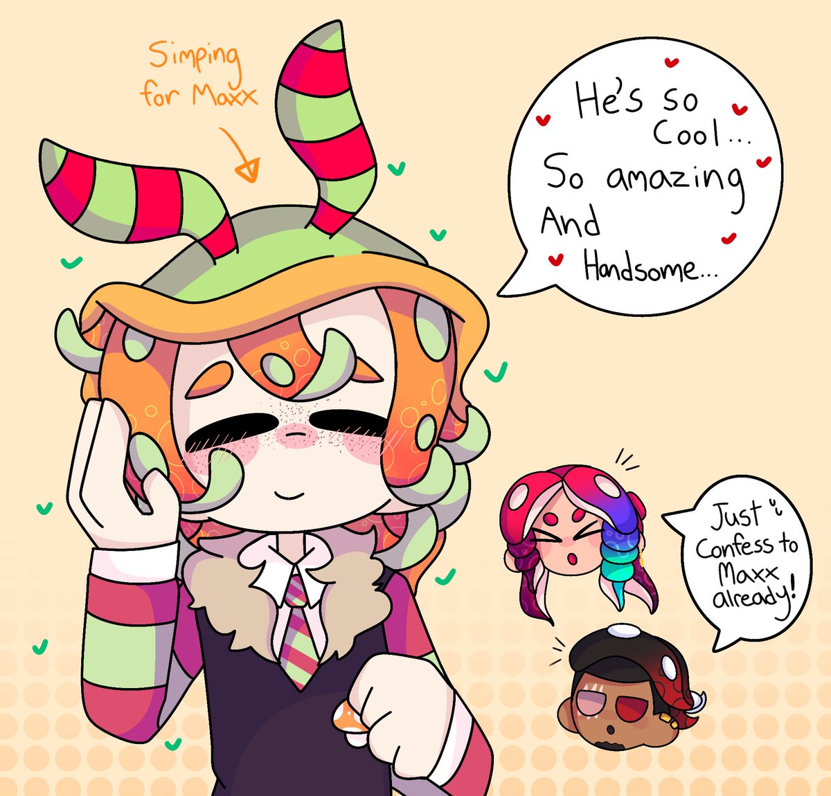 APeonySeapie's tweet image. Maxxflow month: Day 10 💚❤️

“ Falling in love “ (Seaflow POV) 

With special guests: @Noctis_Draws and @KaiOctoling48 
Flashback to when I was crushing on my bf and asked for advice XD 

#DJSeaflow #Splatoon #Maxxflow