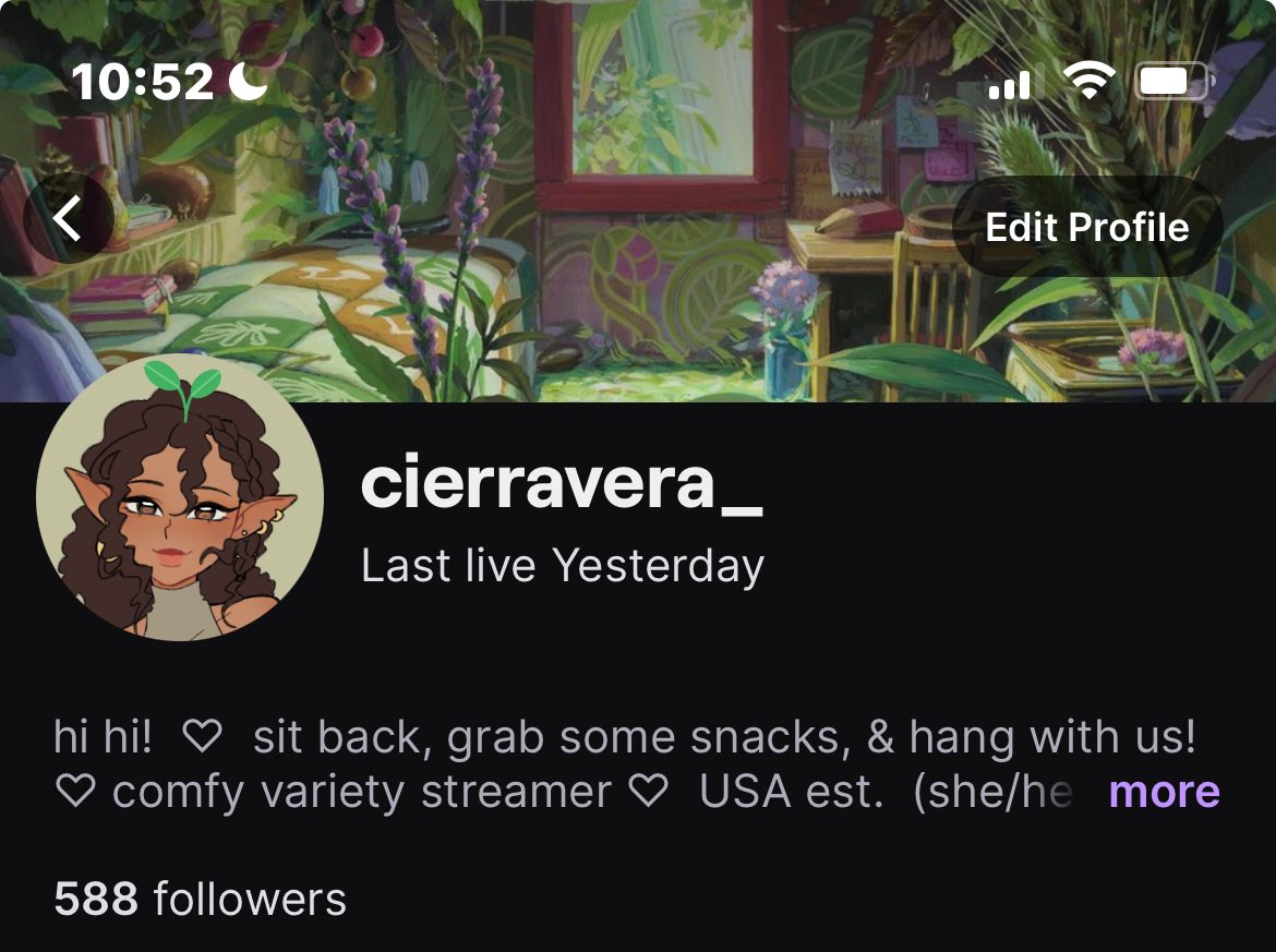only 12 away from our mini goal!! if you enjoy a comfy atmosphere with a dash of cozy chaos & anime, this is the place for you ✨ everyone is welcome! 🌱 can’t wait to chat with you all! 🥹 
#blackcreator #twitchaffiliate #bhm 

twitch.tv/cierravera_