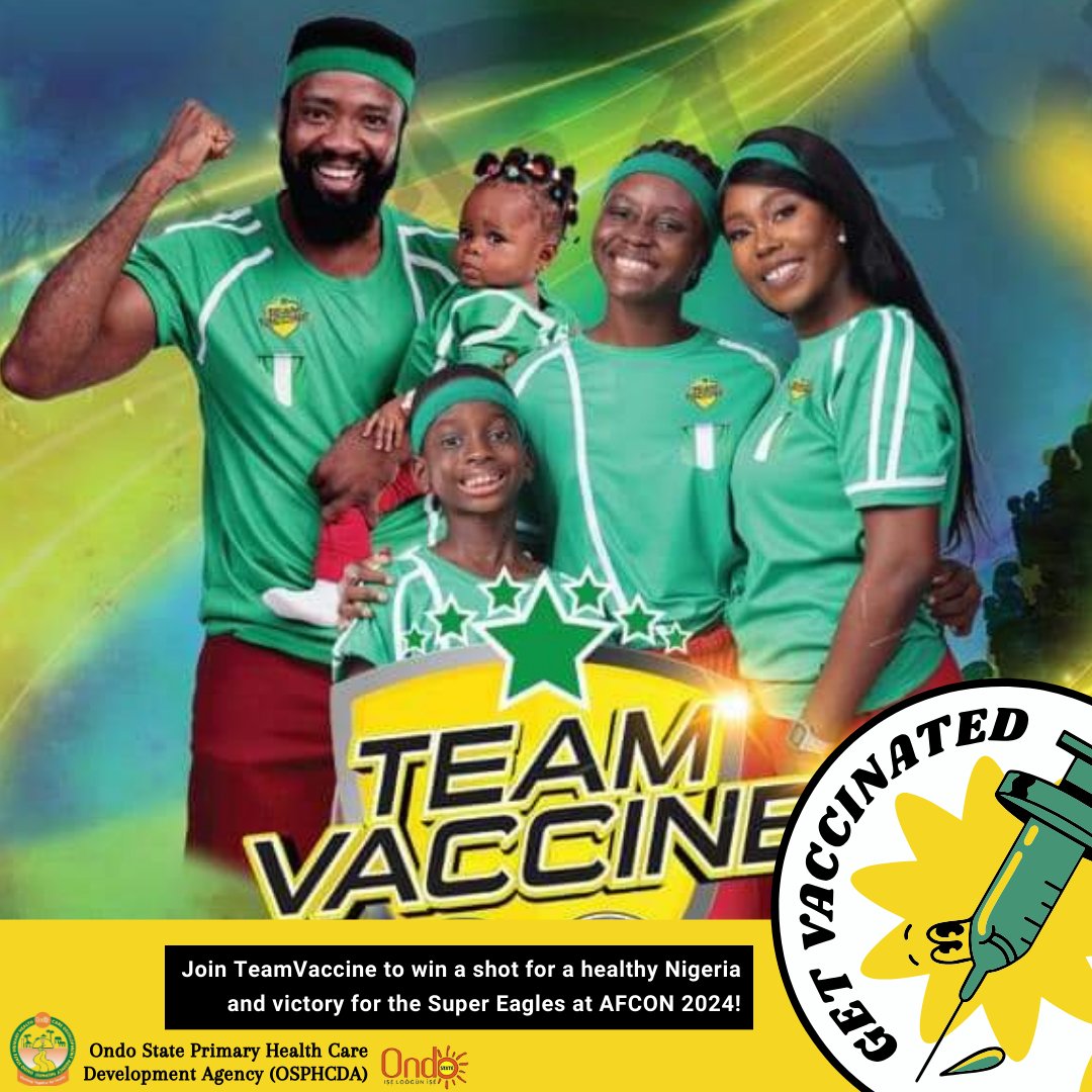 Join #TeamVaccine: Our Winning Shot for a Healthy Nigeria and Victory for the Super Eagles at #AFCON2024! Let's aim for both the #trophy and a #diseasefreenation. Get vaccinated and cheer on our team to triumph!

#VaccinesWork
#GetVaccinated 
@BANigeria @gavi @UNICEF_Nigeria