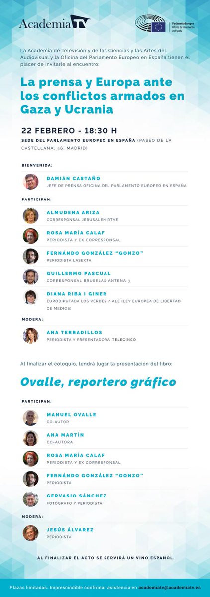 Ana Martín (@anamartinpatron) on Twitter photo Será muy emotiva y gratificante la presentación de nuestro libro 'Ovalle, reportero gráfico' el día 22 de febrero en Madrid. Previamente, <a href="/academia_tv/">AcademiaTV</a> y <a href="/Europarl_ES/">Parlamento Europeo en España</a> han organizado un panel sobre Gaza y Ucrania. <a href="/m_ovallealvarez/">Manuel Ovalle Álvarez</a> Será muy emotiva y gratificante la presentación de nuestro libro 'Ovalle, reportero gráfico' el día 22 de febrero en Madrid. Previamente, <a href="/academia_tv/">AcademiaTV</a> y <a href="/Europarl_ES/">Parlamento Europeo en España</a> han organizado un panel sobre Gaza y Ucrania. <a href="/m_ovallealvarez/">Manuel Ovalle Álvarez</a>