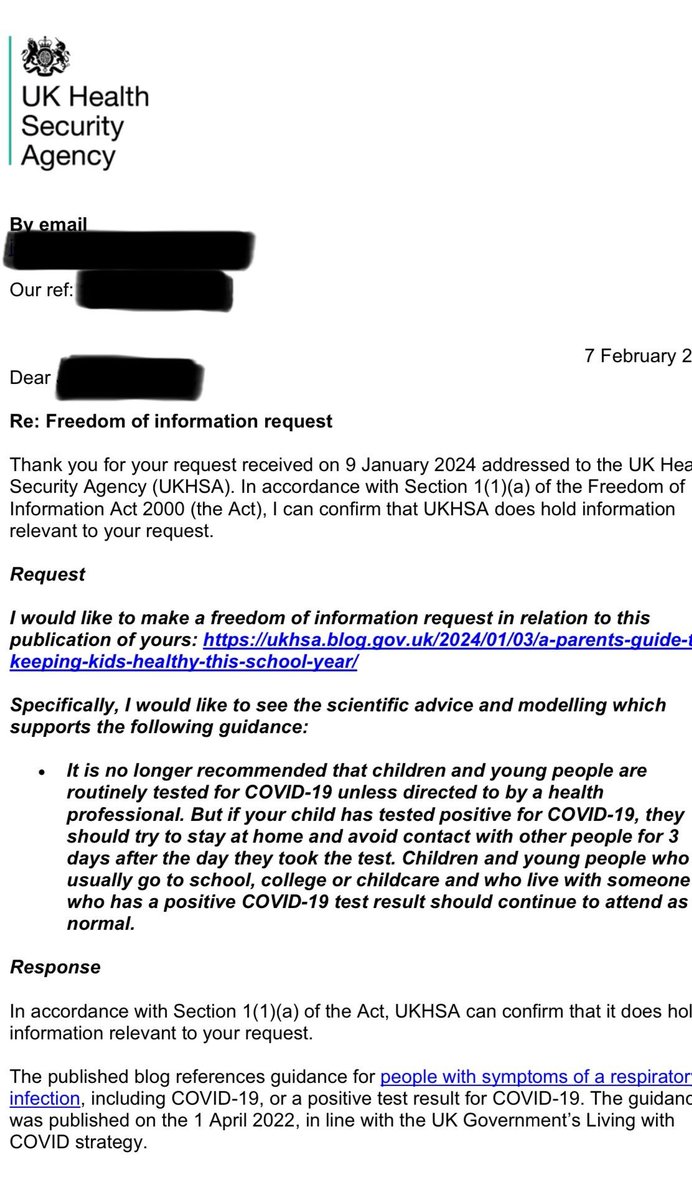 I did an FOI request to UKHSA requesting the research underpinning their guidance that children shouldn’t be tested for SARS-CoV-2, and that they only need to isolate for 3 days following a positive test. They responded. Let’s have a look at their response and the guidance: