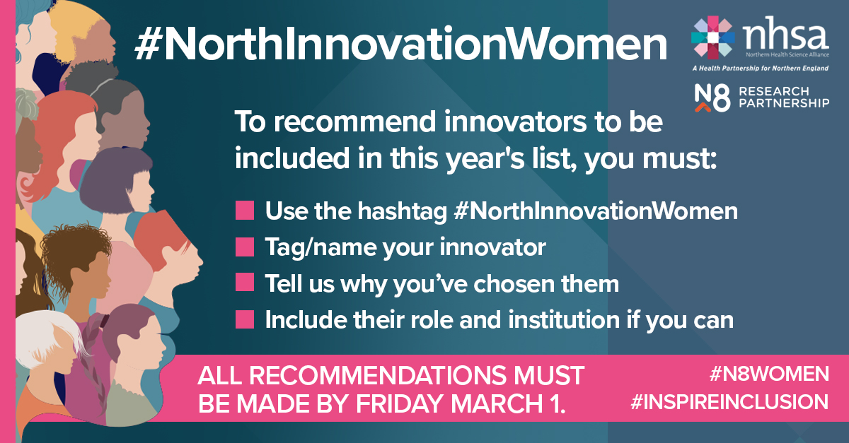 This #IWD2024, we are once again celebrating innovative women across the North. We have partnered with @N8research to collate our annual #NorthInnovationWomen list & we need your help to tell us who should be featured. Full details 👇 thenhsa.co.uk/2024/02/help-u… #InspireInclusion