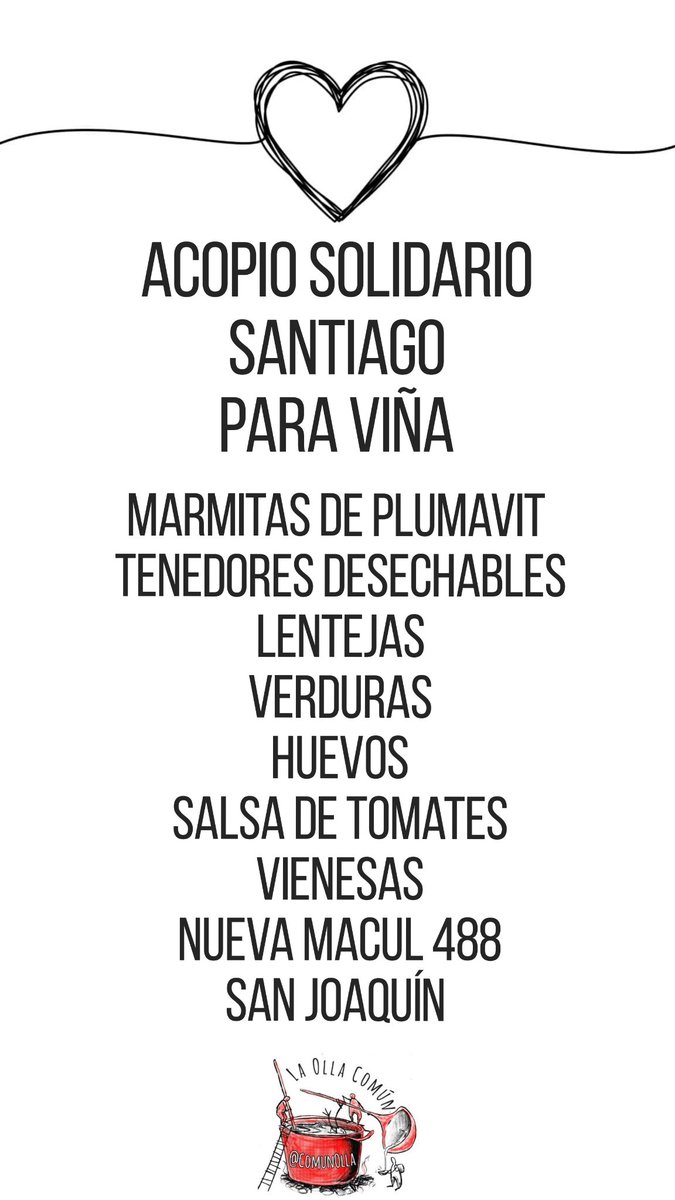 ComunOlla's tweet photo. LISTAS ACTUALIZADAS PARA CENTROS DE ACOPIO VIÑA Y SANIAGO.
Rogamos compartir. Aquí salen los insumos para lograr cocinar 1000 raciones diarias para vecinos damnificados.
Muchas gracias. Todo sirve. :) https://t.co/CtrONEgwMD