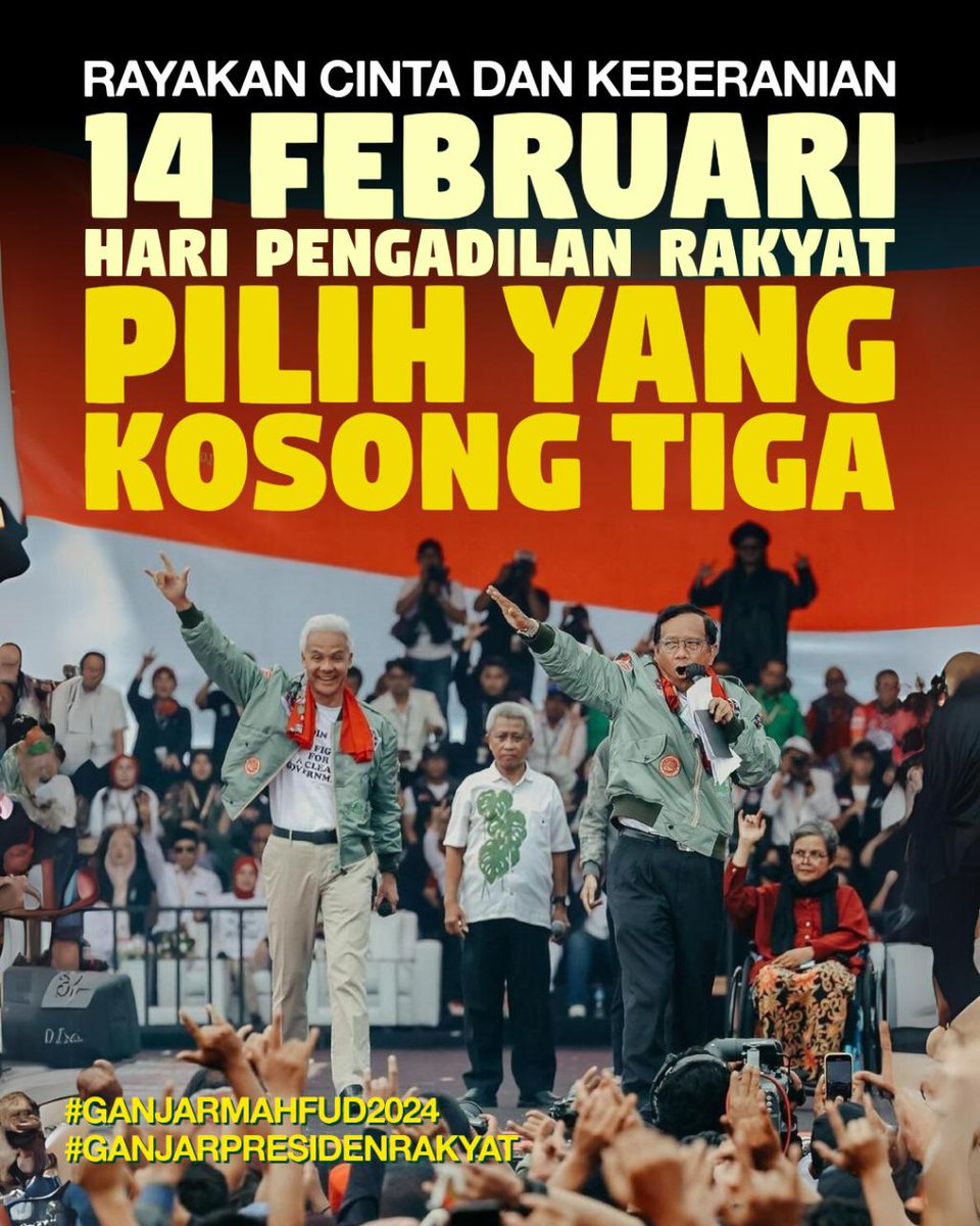 Pemilu bertepatan dengan Hari Kasih Sayang di 14 Februari nanti. Mari kita ekspresikan rasa cinta kepada tanah air dengan mencoblos No 3 Ganjar-Mahfud 🤟🏻 Demi demokrasi Indonesia yg lebih bermoral & bermartabat yg bebas dari KKN 🇮🇩 #GanjarMahfudM3nang #GanjarMahfud2024 #GPMMD3
