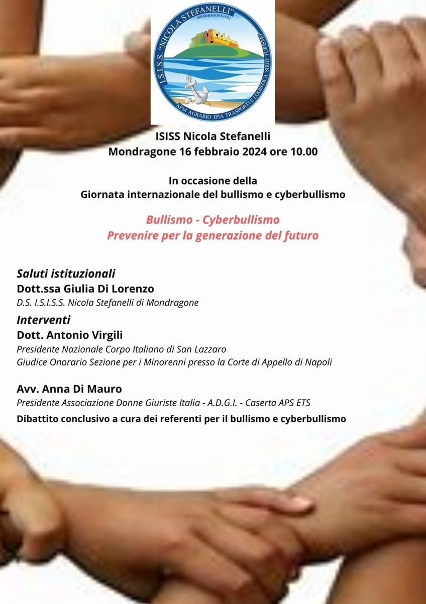 SanLazzaroITA's tweet photo. 📆 In occasione della Giornata internazionale contro il bullismo e cyberbullismo, il Presidente Nazionale del Corpo Italiano di San Lazzaro interverrà all’ISISS Nicola Stefanelli a Mondragone.

➡️ Appuntamento il 16 febbraio alle ore 10:00. https://t.co/Lz2zLbRpmL