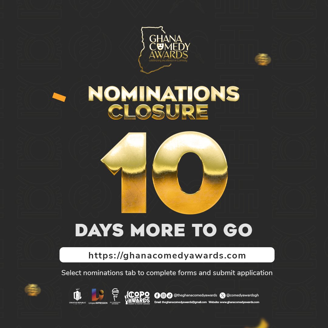 Have you filed your Nominations yet? Don't hesitate to be a part of the Nominees this year as we count down to the closure. 
Visit our website: ghanacomedyawards.com and select nominations tab to complete credentials for submission.  #GhanaComedyAwards