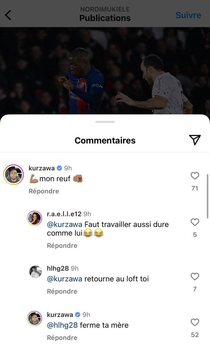 LMDPSG's tweet image. Layvin Kurzawa sous la publication Insta de Nordi Mukiélé 😭😭😭