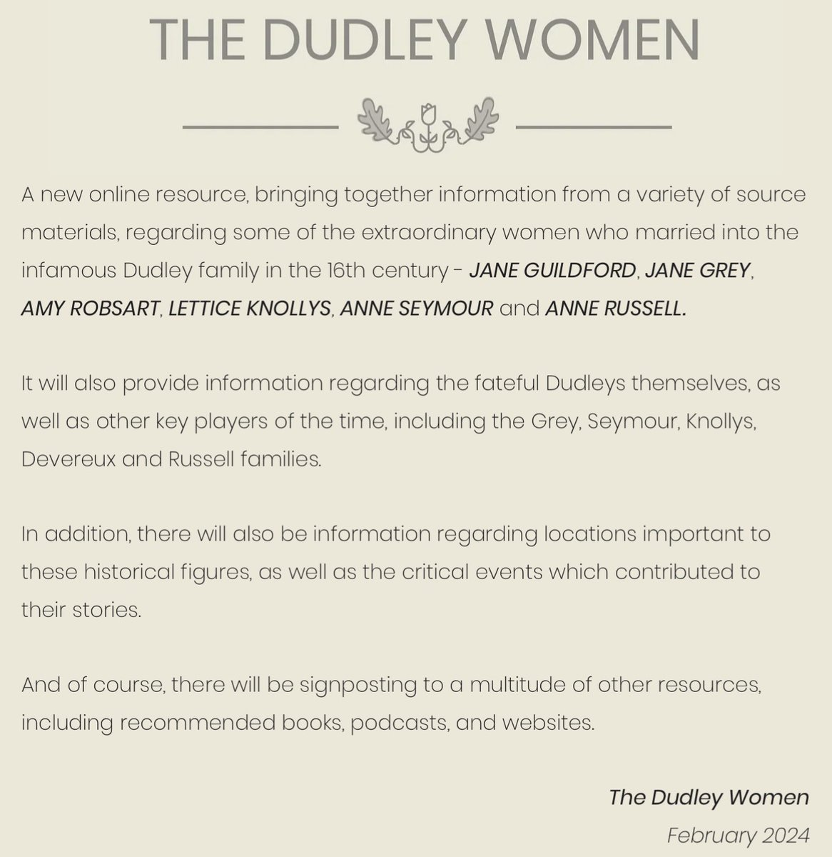 Update on ‘The Dudley Women’ website.

Additional women have been added to the ‘roster’, including ANNE SEYMOUR and ANNE RUSSELL, both Countesses of Warwick.

#thedudleywomen #janeguildford #anneseymour #amyrobsart #ladyjanegrey #letticeknollys #annerussell #tudorhistory #tudors