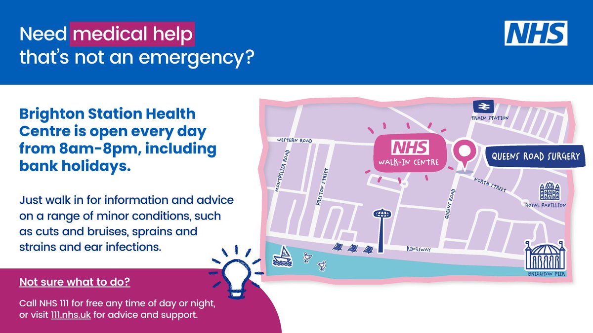 In Brighton this weekend and need medical help? A&E departments are extremely busy so please consider all of your options. Brighton Station Health Centre is open every day from 8am-8pm to help with a range of minor conditions - no appointment needed.