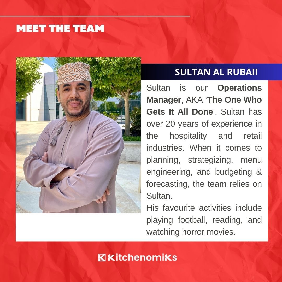 Introducing our Meet The Team series. The first member we would like to shine the spotlight on is Sultan Al Rubaii, our Operations Manager. He is one of the key members of the KitchenomiKs family.

#kitchenomiks #cloudkitchens #omanstartup #foodtech #omanpride #homegrown