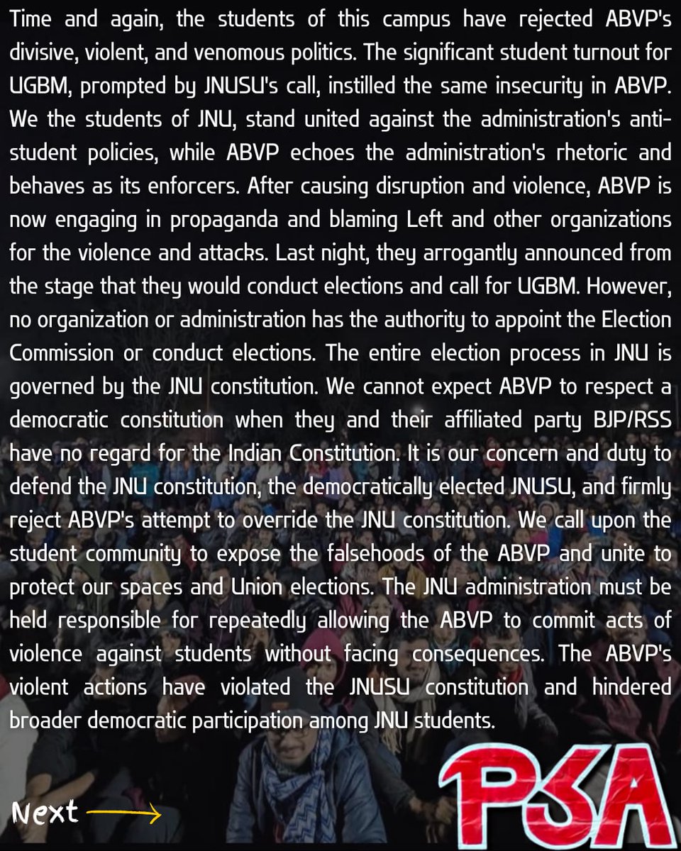 Psa_jnu's tweet photo. Let us stand united, fight together, and debunk the #ABVP's propaganda!
Inqalab Zindabad!
- Progressive Students' Association (PSA)
#JNU #RejectRSS #RejectABVP #JNUcampus #progressive #Revolution @JNUSUofficial @Premgiamaren @newslaundry @nlhindi @ravishndtv @abplive https://t.co/UB956UNNMC