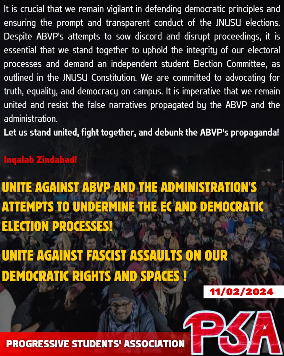 Psa_jnu's tweet photo. Let us stand united, fight together, and debunk the #ABVP's propaganda!
Inqalab Zindabad!
- Progressive Students' Association (PSA)
#JNU #RejectRSS #RejectABVP #JNUcampus #progressive #Revolution @JNUSUofficial @Premgiamaren @newslaundry @nlhindi @ravishndtv @abplive https://t.co/UB956UNNMC