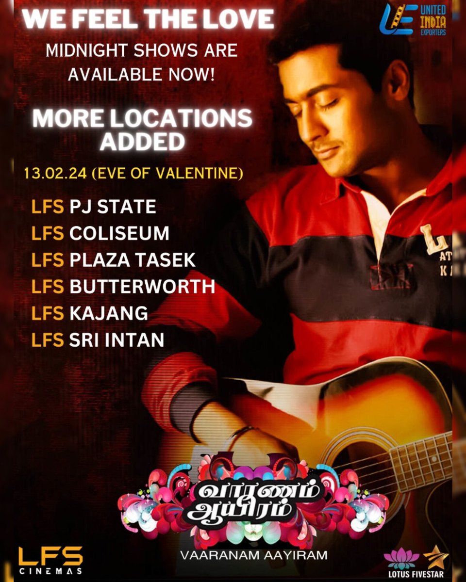 Your love towards #VaaranamAayiram is phenomenal! 🥰

We have added MORE LOCATIONS! 

LFS PJ State
LFS Coliseum
LFS Plaza Tasek
LFS Butterworth
LFS Kajang
LFS Sri Intan

Book your tickets NOW 🎟 lfs.com.my / LFSApps

#LFSCinemas #JomLFS