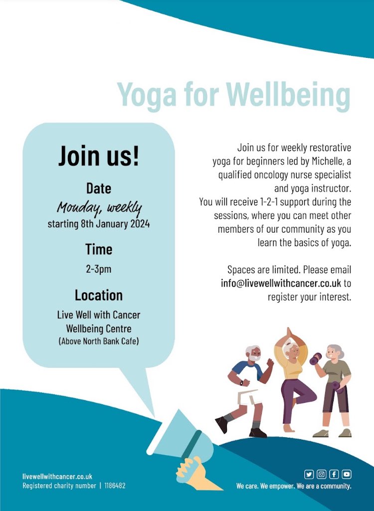 LiveWellwtCan's tweet photo. Join us tomorrow for our weekly restorative #yoga session which is suitable for beginners. The session is facilitated by the lovely Michele who is also an experienced oncology/haematology #cancer nurse specialist π
#livewellwithcancer https://t.co/WZE2iSG9cL