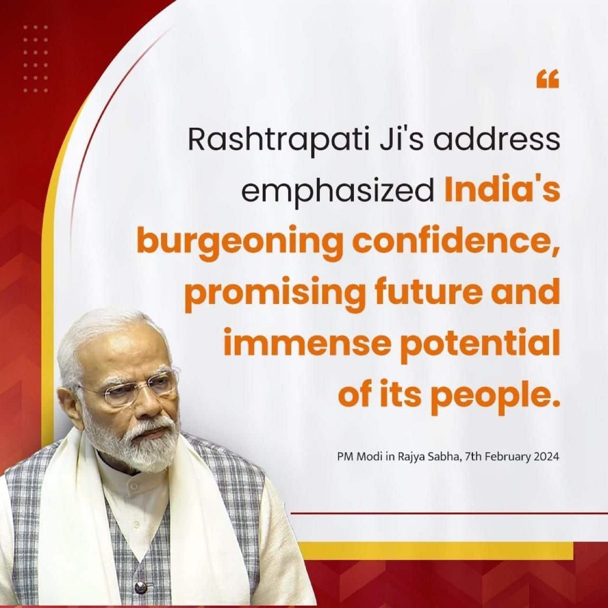 #PMInRajyaSabha
Rashtrapati Ji's address emphasized India's burgeoning confidence, promising future and immense potential of its people
via NaMo App