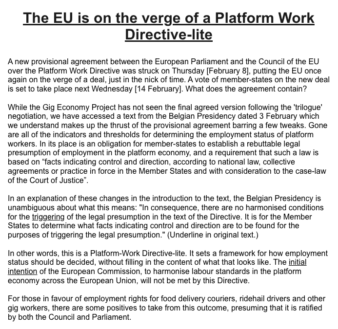 project_gig's tweet photo. The Gig Economy Project weekly newsletter is out!

The EU is on the verge of a Platform Work Directive-lite: establishing a framework for deciding on employment status, but leaving the substance up to member-states.

Get GEP's newsletter in your inbox: https://t.co/GF8A2WaPUi https://t.co/pHTHAO7GfV