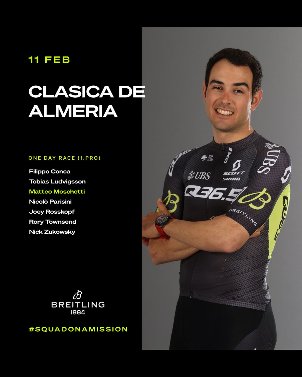 Q36.5 Pro Cycling Team (@q36_5procycling) on Twitter photo 🇪🇸 #ClasicaAlmeria2024
Defending champion 🏆<a href="/moschettiteo/">Matteo Moschetti</a> leads our #SquadOnAMission today!
Our lineup:
🇮🇹 <a href="/Filippo_Conca/">Filippo Conca</a>
🇸🇪 <a href="/tludvigsson/">Tobias Ludvigsson</a>
🇮🇹<a href="/moschettiteo/">Matteo Moschetti</a> 1⃣
🇮🇹 Nicolò Parisini
🇺🇸 <a href="/joeyrosskopf/">Joey Rosskopf</a>
🇮🇪<a href="/Rory_Townsend1/">John Smith</a>
🇨🇦<a href="/NickolasZukows2/">Nickolas Zukowsky</a>
#RacingTheFuture 🇪🇸 #ClasicaAlmeria2024
Defending champion 🏆<a href="/moschettiteo/">Matteo Moschetti</a> leads our #SquadOnAMission today!
Our lineup:
🇮🇹 <a href="/Filippo_Conca/">Filippo Conca</a>
🇸🇪 <a href="/tludvigsson/">Tobias Ludvigsson</a>
🇮🇹<a href="/moschettiteo/">Matteo Moschetti</a> 1⃣
🇮🇹 Nicolò Parisini
🇺🇸 <a href="/joeyrosskopf/">Joey Rosskopf</a>
🇮🇪<a href="/Rory_Townsend1/">John Smith</a>
🇨🇦<a href="/NickolasZukows2/">Nickolas Zukowsky</a>
#RacingTheFuture