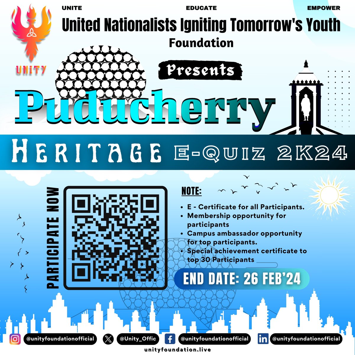 Unity_Offic's tweet photo. Puducherry Heritage E-Quiz 2K24 is here!  
Join UNITY Foundation E-Quiz for a thrilling exploration of Puducherry's rich culture. Test your knowledge, UNITE in learning, and be part of the heritage celebration. 

E-Quiz link : https://t.co/WogmDiv59U

#Puducherry #UNITYFoundation https://t.co/A73HzDc4BV