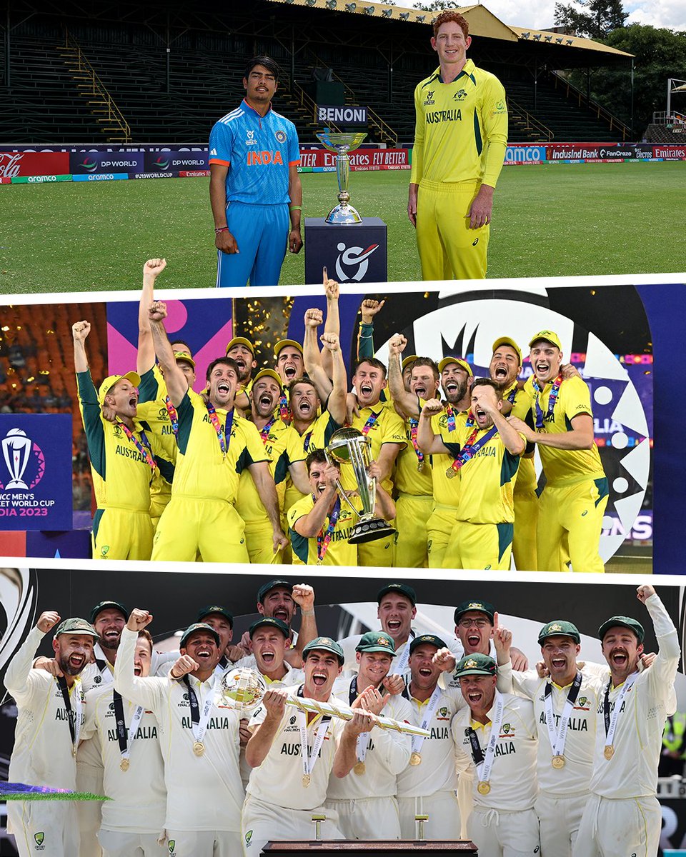 ICC's tweet photo. #U19WorldCup ⏳
#CWC23 ✅
#WTC23 ✅
Can Australia claim another ICC trophy against India in less than 12 months? https://t.co/iaGYVWq5iI
