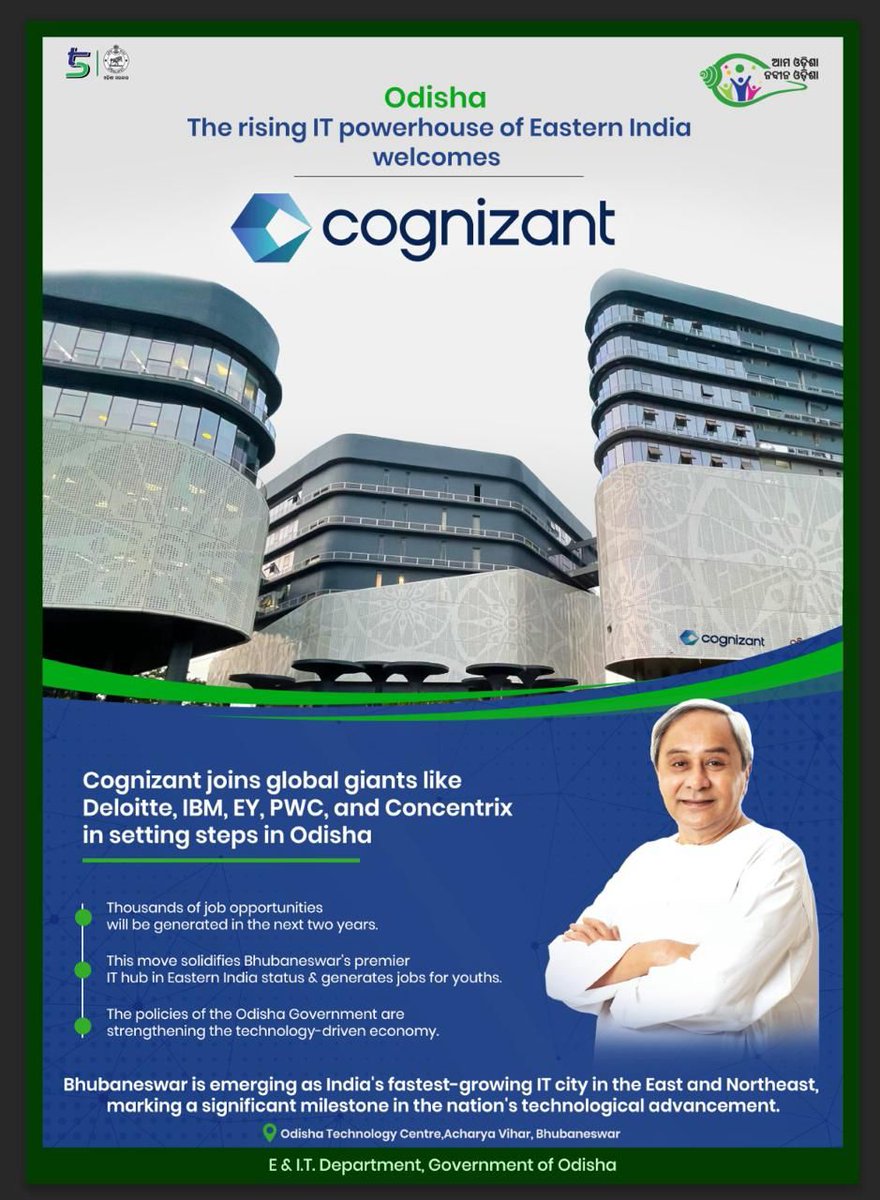 #Odisha is emerging as an IT hub in the Eastern India with several technological behemoths including @Cognizant setting up bases in the state. Govt’s progressive IT policy & availability of large talent pool are creating a suitable business environment for IT giants. #5T