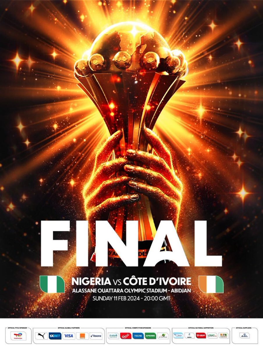 #𝗔𝗙𝗖𝗢𝗡 𝗙𝗜𝗡𝗔𝗟

Ivory Coast 🇨🇮 🆚️ Nigeria 🇳🇬 

⏲️ 22H00
🏟 Alassane Ouattara, Abidjan 

𝙍𝙀𝙋𝙊𝙎𝙏 𝙛𝙤𝙧 𝙄𝙫𝙤𝙧𝙮 𝘾𝙤𝙖𝙨𝙩
𝙇𝙄𝙆𝙀 𝙛𝙤𝙧 𝙉𝙞𝙜𝙚𝙧𝙞𝙖

#AFCON2023