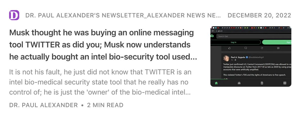 P_AlexanderPhD's tweet photo. Musk thought he was buying an online  messaging tool TWITTER as did you; Musk now understands he actually  bought an intel bio-security tool used typically for clandestine state  activities https://t.co/u6G1pH6aMu https://t.co/pDl5yyo0ZF