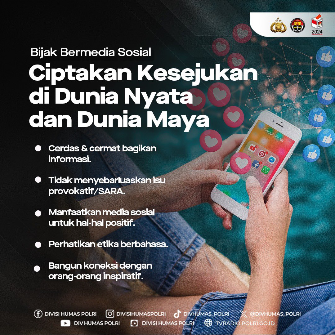 Polres_Bwi's tweet photo. @HumasPoldaJatim Bijak Bermedia Sosial
Ciptakan Kesejukan di Dunia Nyata dan Dunia Maya

Yuk #BersamaJagaIndonesia dan Jaga Kesatuan Persatuan

Sumber: @bnptri https://t.co/Nj5iqUPdWm