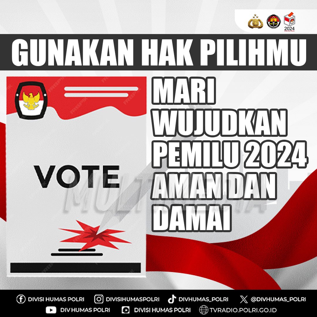 Polres_Bwi's tweet photo. @HumasPoldaJatim Sobat Polri, hari pemungutan suara tinggal sebentar lagi nih. Yuk, datang ke Tempat Pemungutan Suara (TPS) pada 14 Februari 2024 dan gunakan hak pilihmu untuk penentuan Indonesia di masa depan! Mari Jaga Kesatuan Persatuan #BersamaJagaIndonesia https://t.co/pnXVRGWsf9