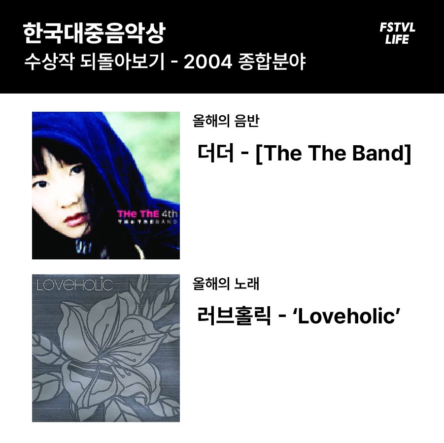 FstvlLife's tweet image. 🏆한국대중음악상 수상작 되돌아보기

2024... 2014... 2004
지금으로부터 10년 전, 
그리고 20년 전, 제 1회 한대음 수상작은?

2024 한국대중음악상🏆
시상식 온라인 생중계 일정: 2월 29일 (목) 오후 8시

#KMA #한대음 #되돌아보기 
#2024KMA #21회한대음 #2024한대음