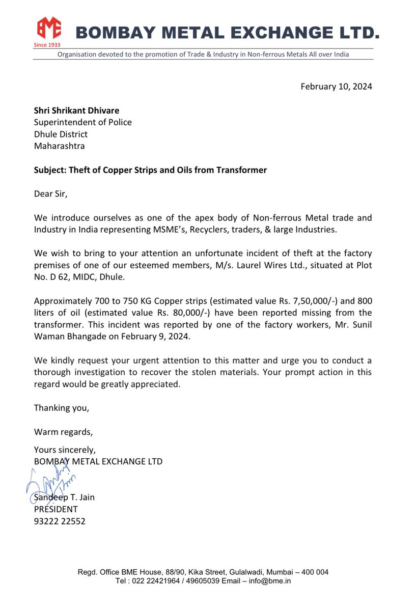 BMEAssociation's tweet photo. @SpDhule Bombay Metal Exchange Ltd requests for the speedy resolution of theft occurred at MSME
unit Laurel Wires Ltd, MIDC Dhule. https://t.co/FShjT5bUt4