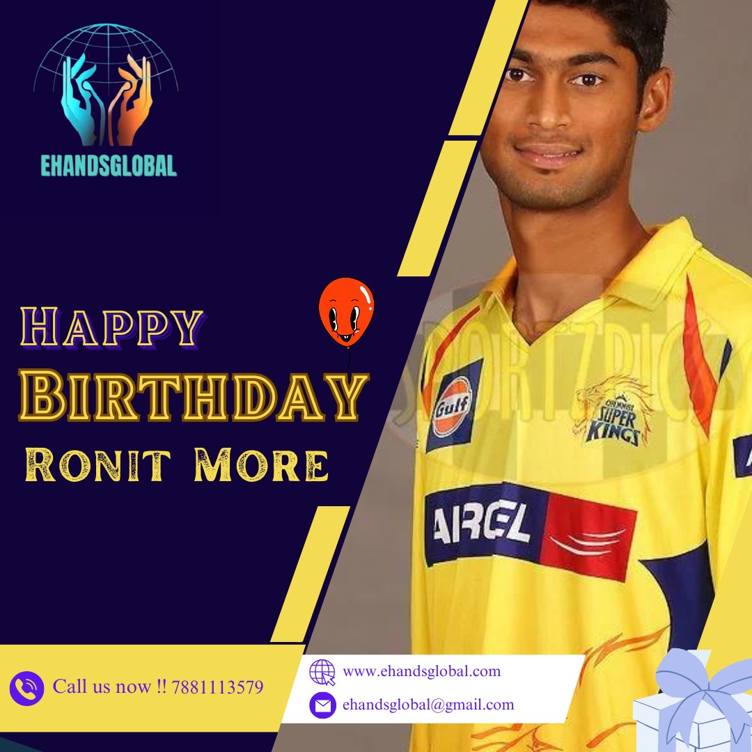 EhandsGlobalGrp's tweet photo. Happy Birthday Ronit More!  
#HappyBirthdayRonit #RonitMore #CricketStar #CSKPlayer #BirthdayCelebration #WishingYouJoy #KarnatakaCricketer #IPLDebut #MemorableMoments #EdenGardensDebut #CheersToSuccess #CSKFamily #PartyTime #BestWishes #CricketingJoy #CelebrateInStyle https://t.co/w024i1Bhdf
