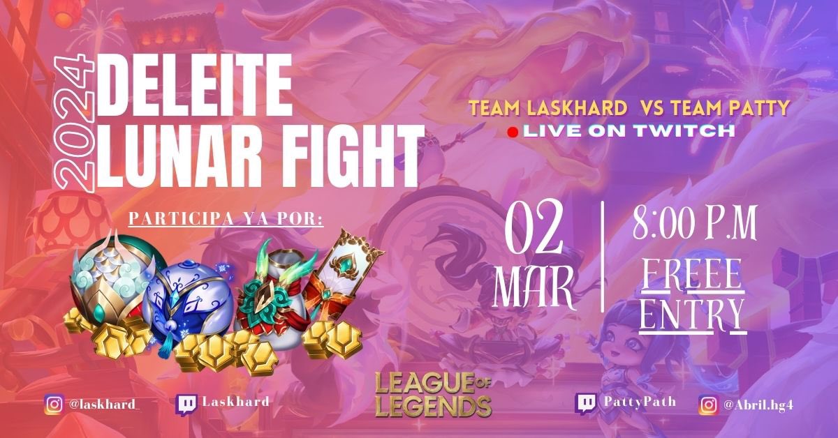Patty_0o's tweet photo. TORNEO DELEITE LUNAR FIGHT!! Ya anunciado! Más info en discord

Regístrate YA!!
https://t.co/LWotUF03PG

@Grupo_Twitch @NovatosTwitch @Streamers_RD @TwitchLatam @rumbotwitch @spamstreamer @streamsspain @TEAMprojectRt @ApoyoAfiliados 
@LeagueOfLegends @lollatam https://t.co/oxGPbj9Q22